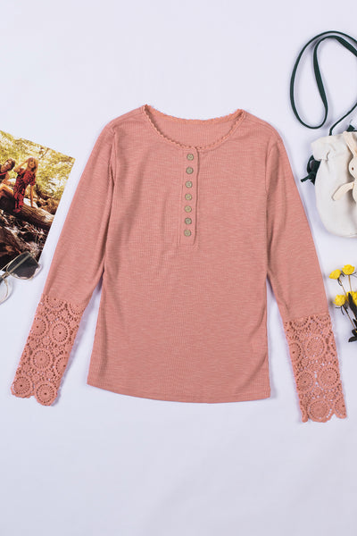 Top - Crochet Lace Hem Sleeve Button Top - Girl Intuitive - Trendsi - Pink / S