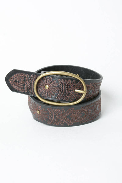 Belt - Floral Stitch Oval Buckle Belt - Girl Intuitive - Leto - Black