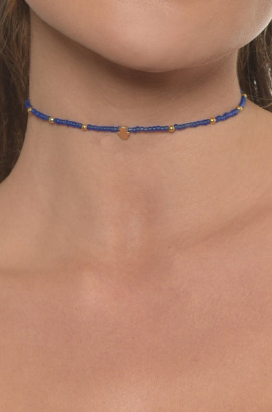Necklace - Hamsa Beaded Choker Blue and Gold - Girl Intuitive - Ettika -