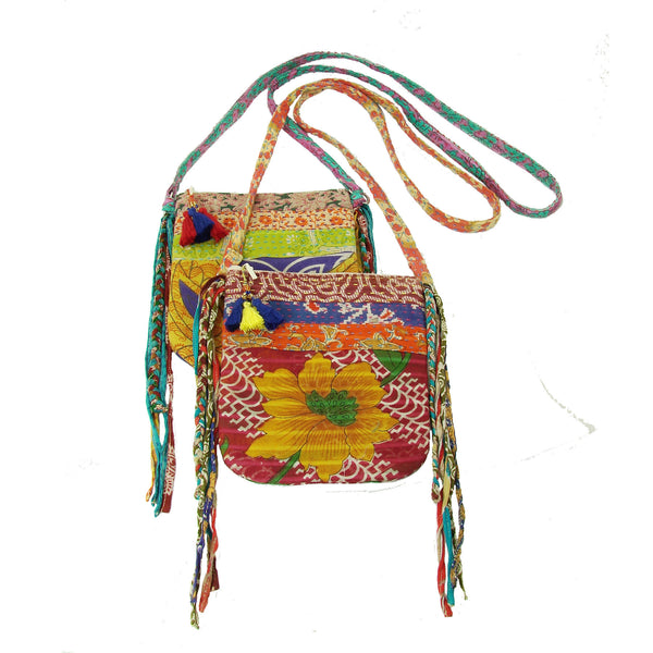 Bags - Kantha Patchwork Fringe Crossbody Handbag - Girl Intuitive - WorldFinds -