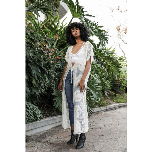 Kimono - Lace Scallop Trim Mandala Longline Kimono - Girl Intuitive - Leto - One Size / White