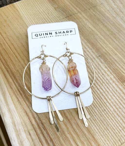 earrings - Large Quartz Crystal Hoop Earrings with Spikes - Girl Intuitive - Quinn Sharp - Purple / 14k Gold