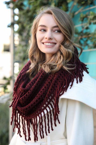Scarves - Lattice Tassel Infinity Scarf - Girl Intuitive - Leto - Burgundy