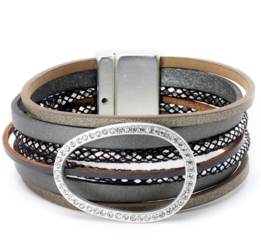 bracelet - Leather Bracelet with Glam Circle Centerpiece - Girl Intuitive - Island Imports - Grey