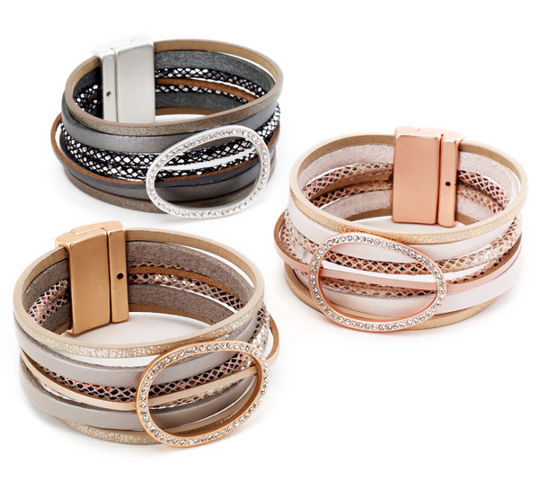bracelet - Leather Bracelet with Glam Circle Centerpiece - Girl Intuitive - Island Imports -