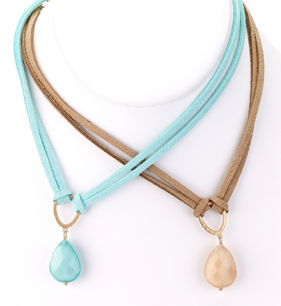 Necklace - Leather Choker with Teardrop Pendant - Girl Intuitive - Island Imports - 14" / Light Blue