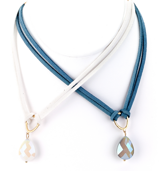 Necklace - Leather Choker with Teardrop Pendant - Girl Intuitive - Island Imports - 14" / White