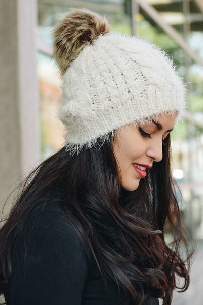 hat - Mohair Knit Pom Beanie - Girl Intuitive - Leto - One Size / Ivory