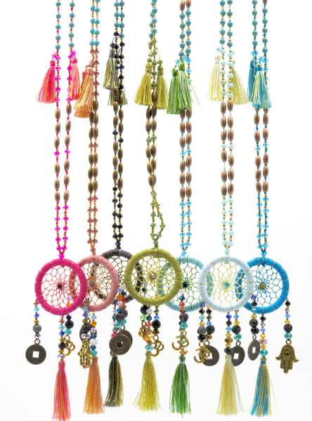 Necklace - Beaded Long Dream Catcher Necklace with Charms - Girl Intuitive - Rosa Mariposa -