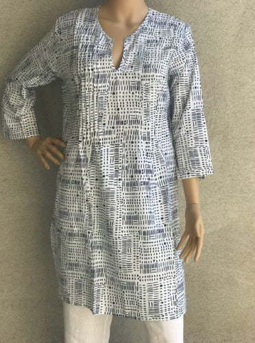 Tunic - Long Cotton Tunic Top White and Navy - Girl Intuitive - Dolma -