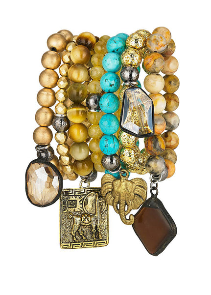 bracelet - Set of 7 Citrine Gemstones Turquoise Metal Stretch Bangle Bracelet - Girl Intuitive - Lula n Lee -