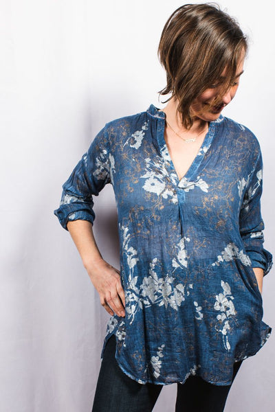 Shirts - Dolma Long Metallic Floral Top - Girl Intuitive - Dolma - S / Navy