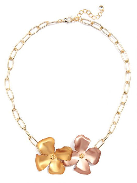 Necklace - Metallic Flower Chain Collar Necklace - Girl Intuitive - Zenzii - Gold