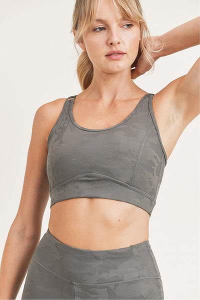 Sports Bra - Mono B Textured Camo Jacquard TACTEL® Peekaboo Back Adjustable Sports Bra - Girl Intuitive - Mono B - S / Gray