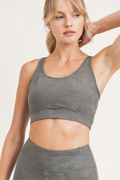 Sports Bra - Mono B Textured Camo Jacquard TACTEL® Peekaboo Back Adjustable Sports Bra - Girl Intuitive - Mono B - S / Gray