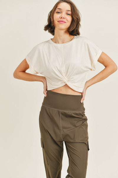 Top - Mono B Twisted Front TENCEL Cropped Athleisure Top - Girl Intuitive - Mono B - S / Beige
