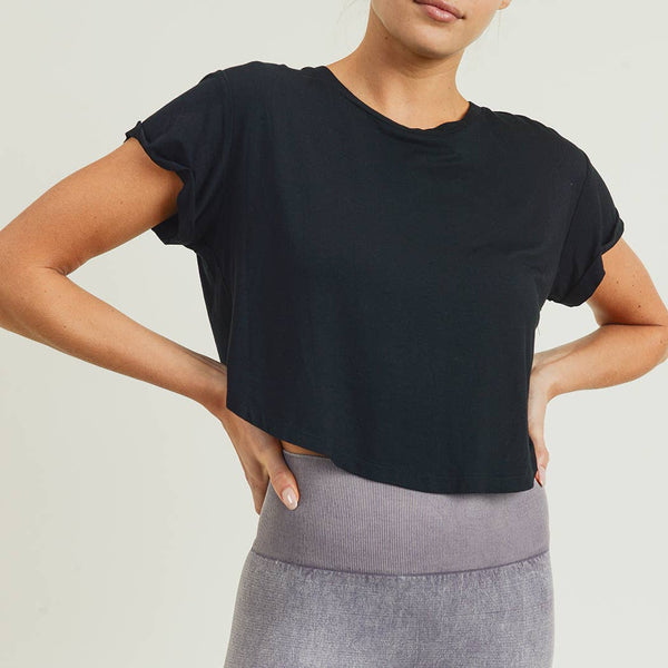 Top - Mono B Crop Athleisure Top with Roll-Up Sleeves - Girl Intuitive - Mono B - S / Black