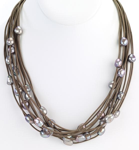 Necklace - Multi-Row Leather Necklace with Pearls - Girl Intuitive - Island Imports - 16" / Brown