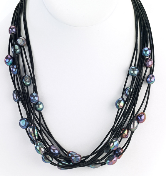 Necklace - Multi-Row Leather Necklace with Pearls - Girl Intuitive - Island Imports - 16" / Black