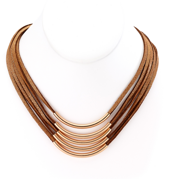 Necklace - Multiple Strands Leather Necklace with Bar Centerpieces - Girl Intuitive - Island Imports - 14" / Bronze