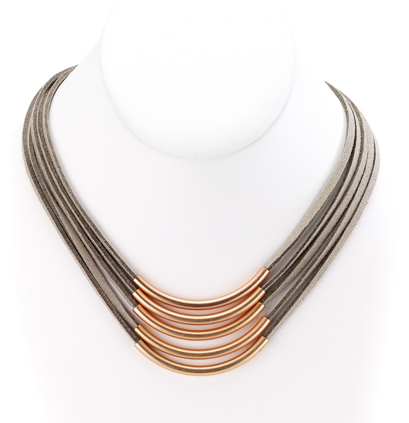 Necklace - Multiple Strands Leather Necklace with Bar Centerpieces - Girl Intuitive - Island Imports - 14" / Gold