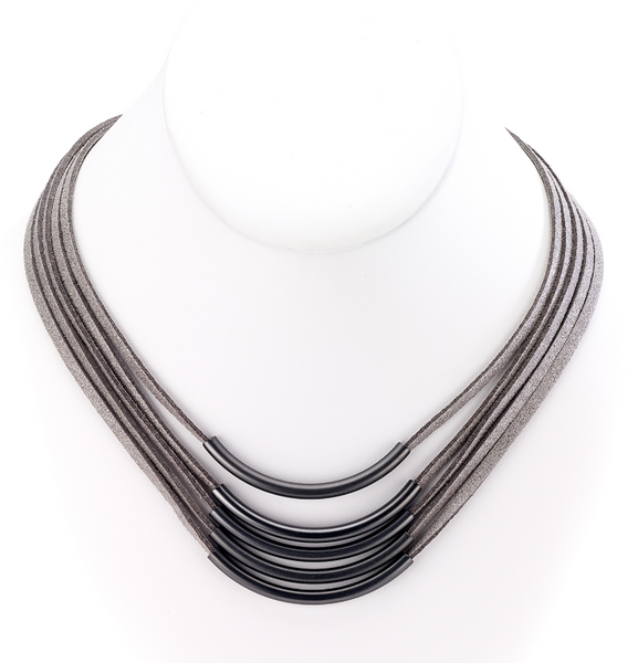 Necklace - Multiple Strands Leather Necklace with Bar Centerpieces - Girl Intuitive - Island Imports - 14" / Black