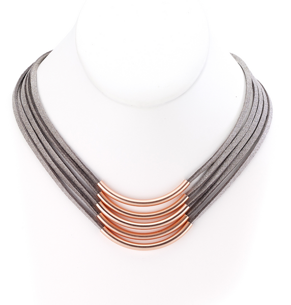 Necklace - Multiple Strands Leather Necklace with Bar Centerpieces - Girl Intuitive - Island Imports - 14" / Pink