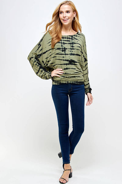 Top - Olive Green Black Bamboo Tie Dye on Round Neck Top - Girl Intuitive - Urban X -