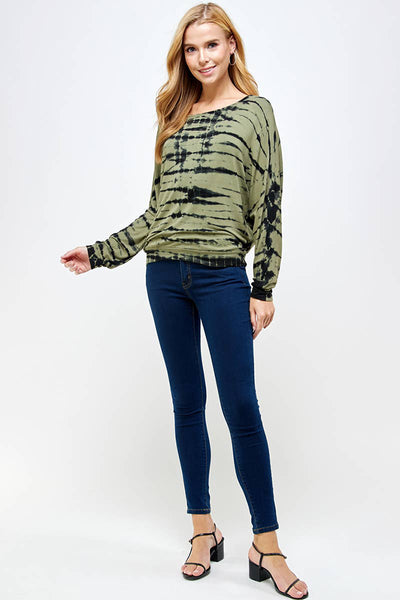 Top - Olive Green Black Bamboo Tie Dye on Round Neck Top - Girl Intuitive - Urban X -