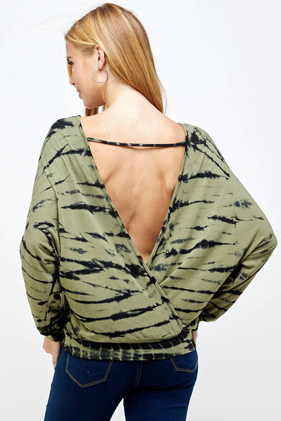 Top - Olive Green Black Bamboo Tie Dye on Round Neck Top - Girl Intuitive - Urban X -