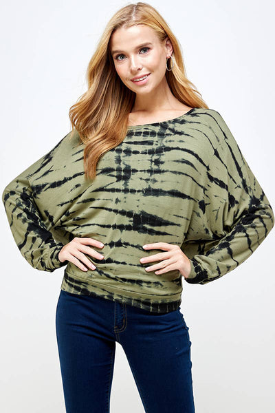 Top - Olive Green Black Bamboo Tie Dye on Round Neck Top - Girl Intuitive - Urban X -