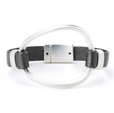 bracelet - Oval Cuff Leather Bracelet - Girl Intuitive - Island Imports - Silver
