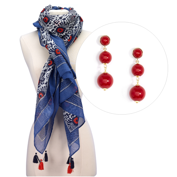 Scarves - Print Scarf and Ball Drop Earrings Gift Set Red - Girl Intuitive - Island Imports -