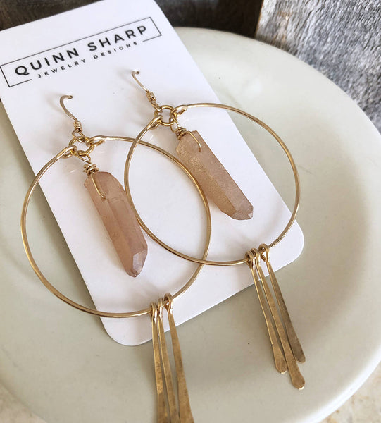 earrings - Large Quartz Crystal Hoop Earrings with Spikes - Girl Intuitive - Quinn Sharp - Pink / 14k Gold