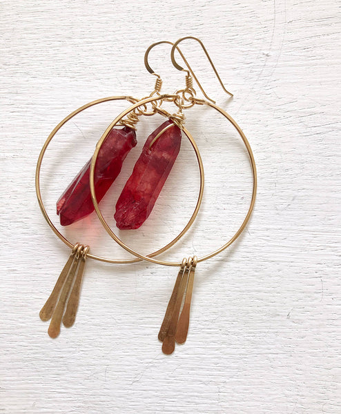 earrings - Large Quartz Crystal Hoop Earrings with Spikes - Girl Intuitive - Quinn Sharp - Red / 14k Gold