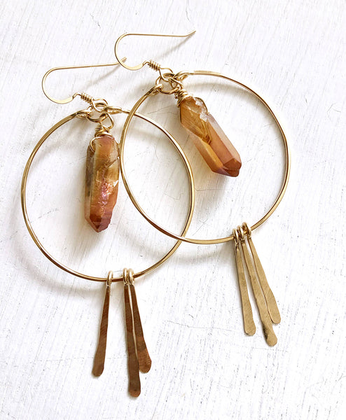 earrings - Large Quartz Crystal Hoop Earrings with Spikes - Girl Intuitive - Quinn Sharp - Brown / 14k Gold