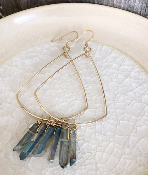 earrings - Triangle Hoop Earrings with Triple Crystals - Girl Intuitive - Quinn Sharp Jewelry Designs - Blue / 14k Gold
