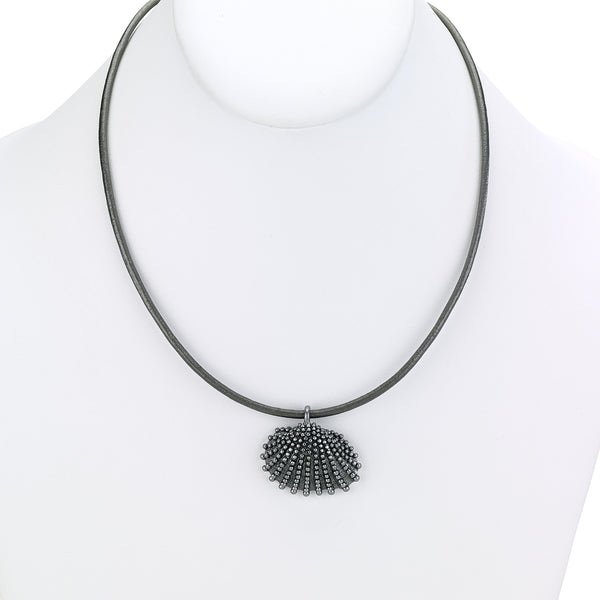 Necklace - Scallop Shell Charm Short Leather Necklace - Girl Intuitive - Island Imports - Black