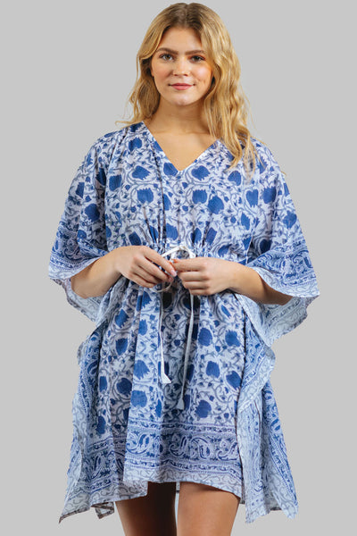 Kaftan - Sevya Block Print Cotton Caftan with Tassels - Girl Intuitive - Sevya - OS / Blue/White