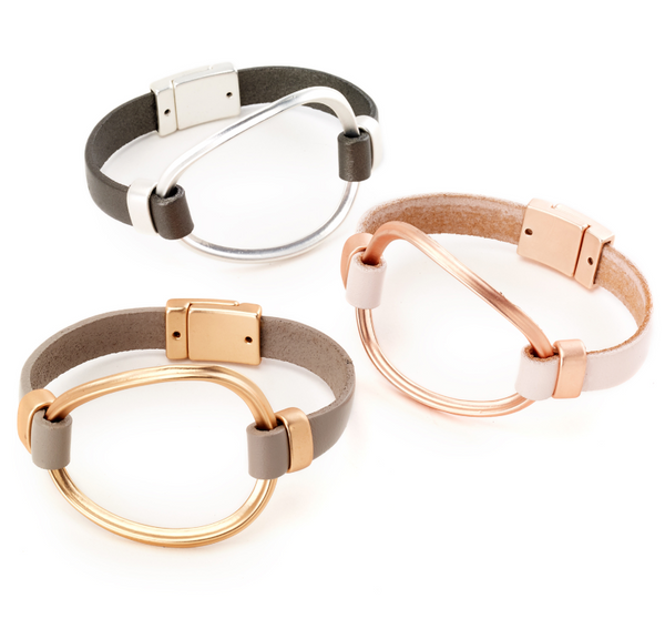 bracelet - Single Strand Leather Bracelet with Large Oval Cuff - Girl Intuitive - Island Imports -