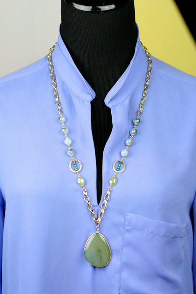 Necklace - Stone Pendant Long Necklace - Green - Girl Intuitive - Island Imports -