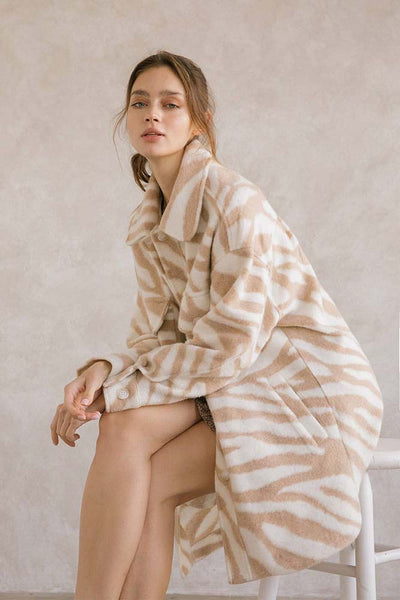 Coat - Storia Zebra Print Long Body Coat - Girl Intuitive - Storia - S / Tan