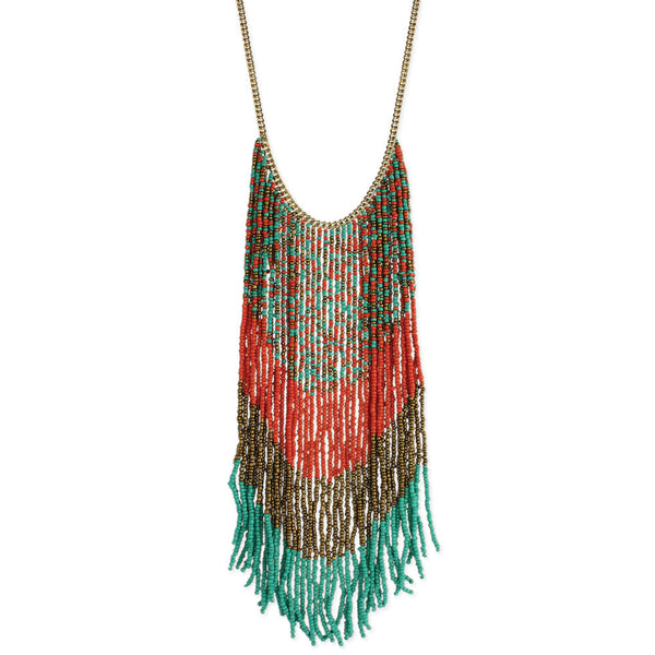 Necklace - Coral, Bronze, Teal Beaded Long Fringe Necklace - Girl Intuitive - zad -