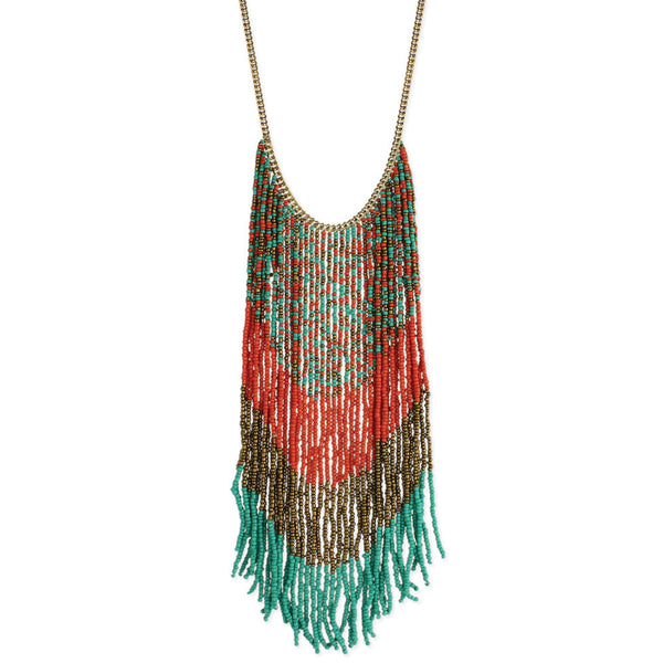 Necklace - Coral, Bronze, Teal Beaded Long Fringe Necklace - Girl Intuitive - zad -