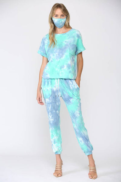 Pants - Tie Dye Lounge Wear 3 Piece Set Matching Mask - Girl Intuitive - Fate - S / Turquoise