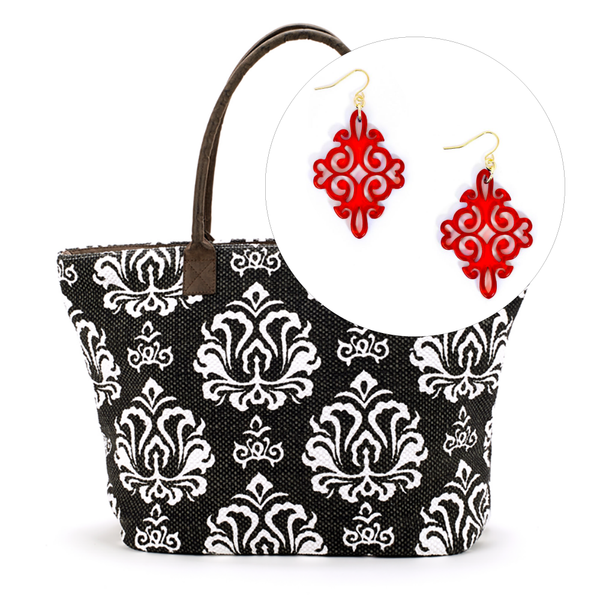 Bags - Damask Tote Bag and Red Resin Earrings Gift Set - Girl Intuitive - Island Imports -