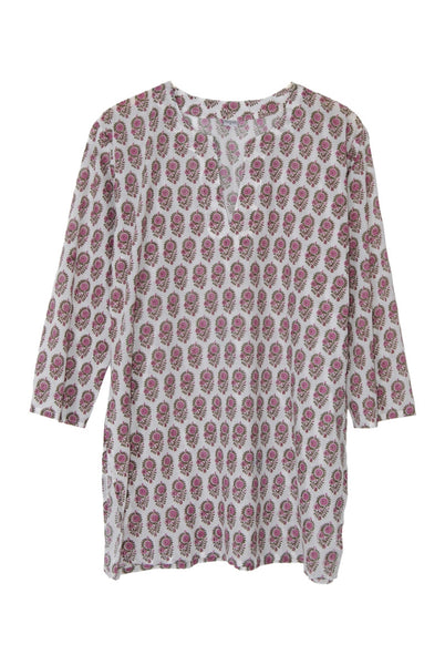 Tunic - White Cotton Tunic Top with Pink Floral - Girl Intuitive - Nusantara -