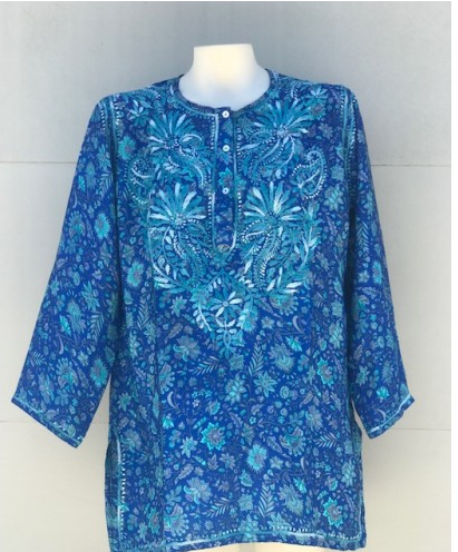Tunic - Women's Embroidered Silk Tunic Top in Turquoise Blue - Girl Intuitive - Dolma -