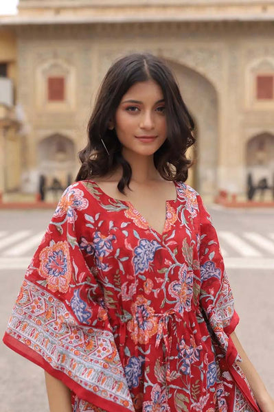 Block Printed Kaftan Resort Dress in Red Girl Intuitive Block Printed Kaftan Resort Dress in Red Girl Intuitive