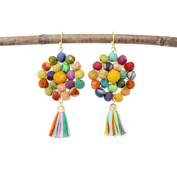 earrings - Worldfinds Kantha Tassel Disc Earrings - Girl Intuitive - WorldFinds -